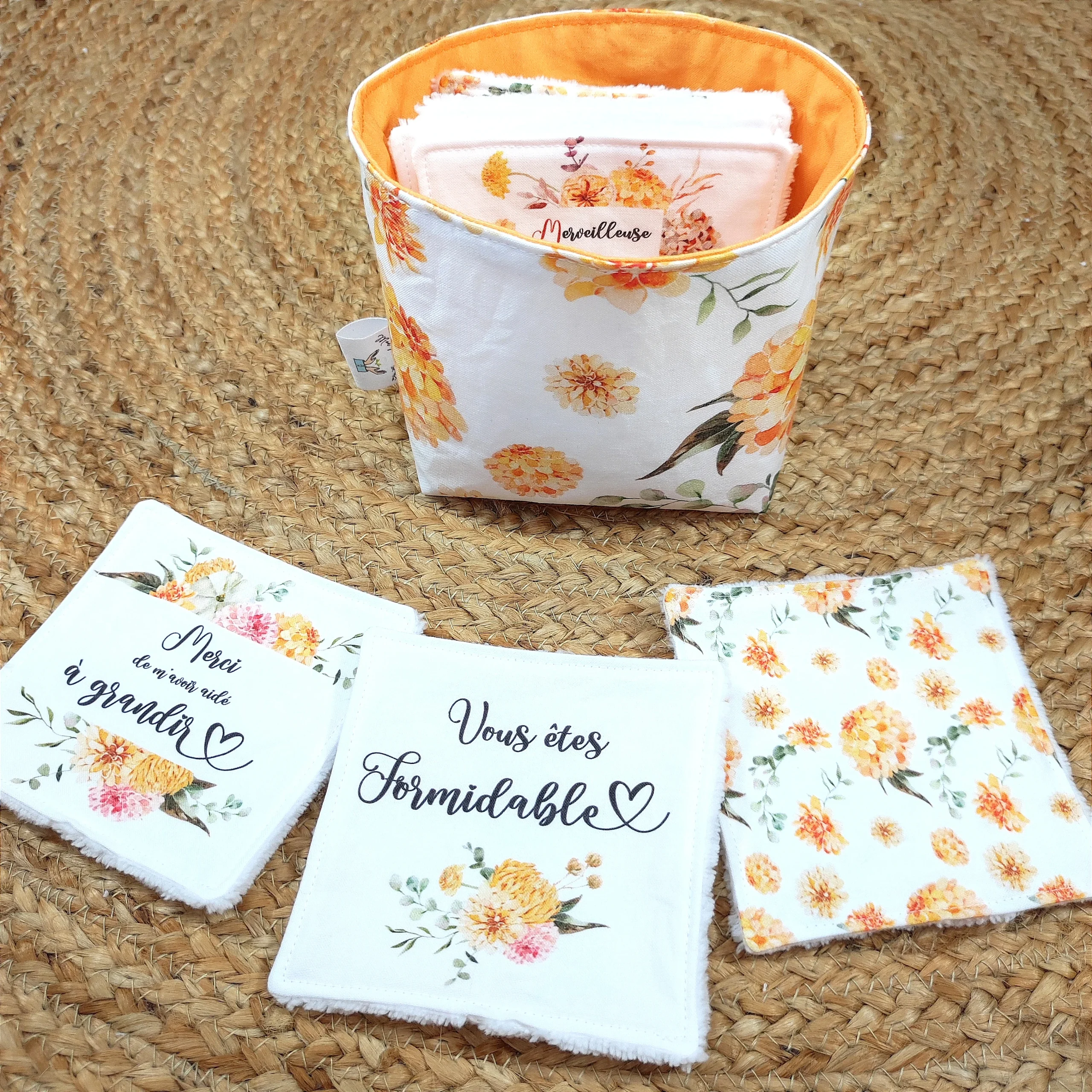 Lot de 8 cotons lavables et panier "Merci 🧡" – Image 2