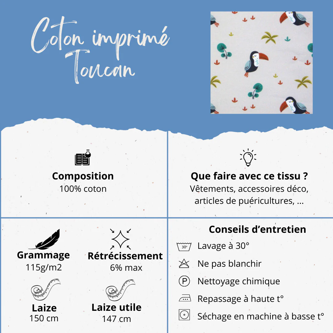 100% coton imprimé oeko-tex toucan - par 10 cm – Image 3